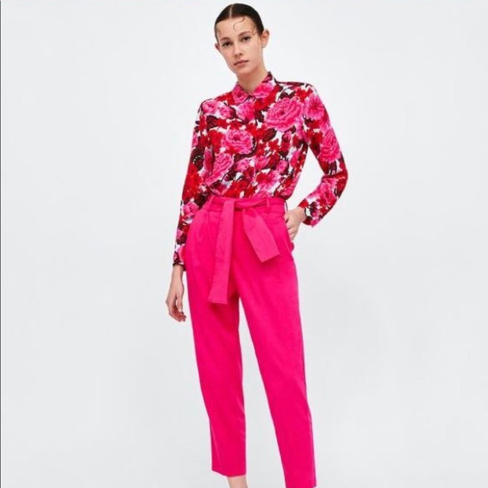 Zara Size XS Hot Pink Trousers With Belt Tie